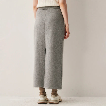 Women Pure Cashmere Long Skirts Autumn Winter Straight Ankle Length Thick Skirts 100% Cashmere Knit Drawstring and Split Skirts PlatiNum