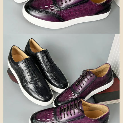 Newest 2025 Spring Men Genuine Leather Casual Sneakers Lace Up Handmade Crocodile Design Men Daily Leather Footwear Purple