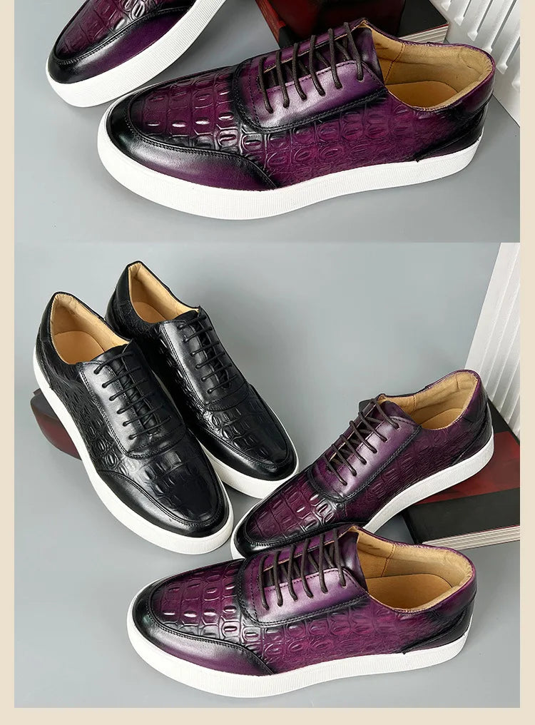 Newest 2025 Spring Men Genuine Leather Casual Sneakers Lace Up Handmade Crocodile Design Men Daily Leather Footwear Purple