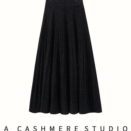 Chic Women's Cashmere Pleated A-line Skirt Autumn Winter 100% Cashmere Knitted Colorful Dots Decoration Elastic Waist Soft Dress PlatiNum