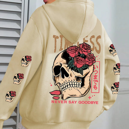 Plus Rose and Skull Pattern - Hoodie - Soft Casual Long Sleeve Pocket, Comfortable Women's Plus Size Daily Wear Clothing
