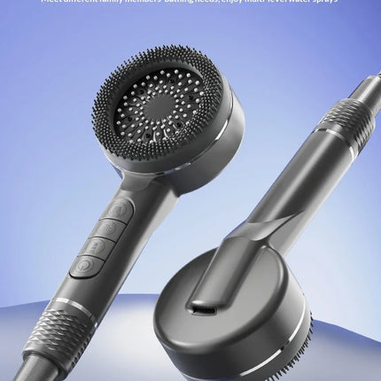Soffione doccia autopulente a 4 modalità con spazzola in silicone, arresto acqua con un tasto, massaggio ad alta pressione, soffione in ABS con filtro