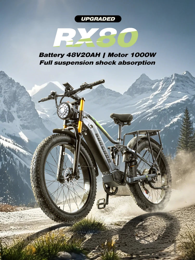 BURCHDA RX80 Bicicletta Elettrica da Montagna 1000W 50KM/H, Batteria al Litio 48V20AH, Pneumatici Fat 4.0 da 26 Pollici, E-Bike per Adulti