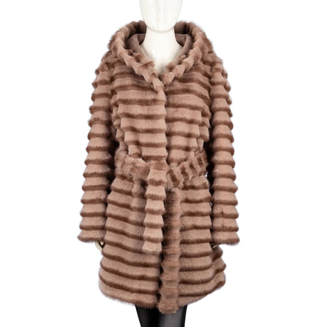 ZADORIN High Quality Winter Chinchilla Faux Fur Hooded Jacket Woman Elegant Belted Long Faux Mink Fur Coat Clothes For Woman Top