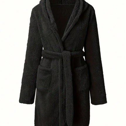 1 pezzo di vestaglia da donna con cappuccio in tinta unita con cintura, pigiama in pile accogliente e caldo per la casa in autunno e inverno.