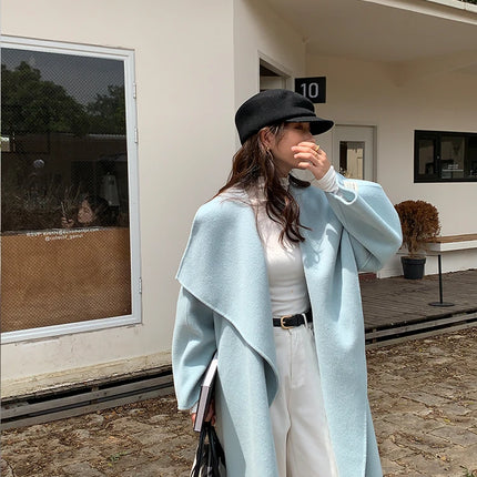 High-end Women Double-sided Wool Long Coat Warm Baby Blue Lapel Loose Double Breasted Wool Coat Female Fashion Autumn Winter