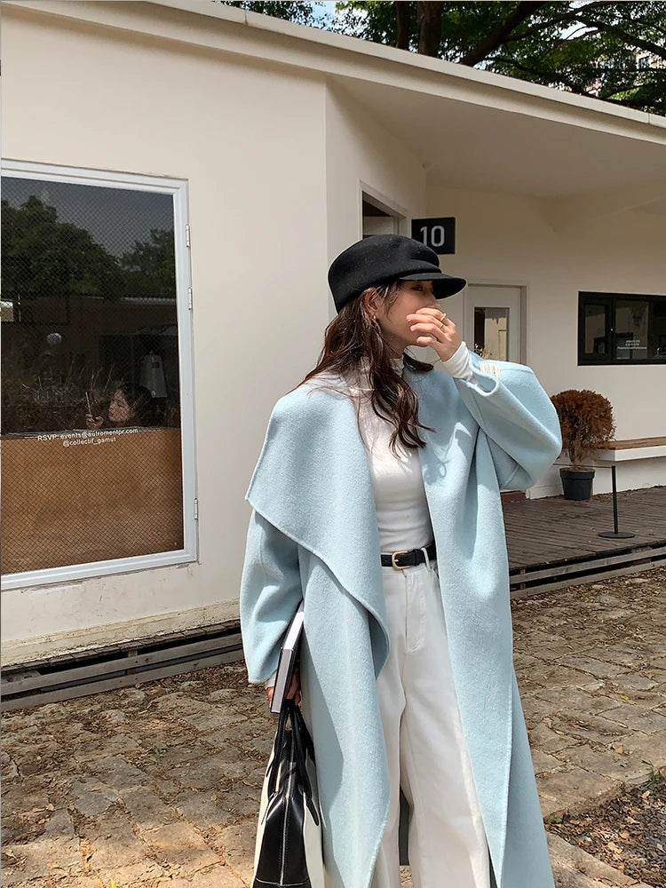 High-end Women Double-sided Wool Long Coat Warm Baby Blue Lapel Loose Double Breasted Wool Coat Female Fashion Autumn Winter