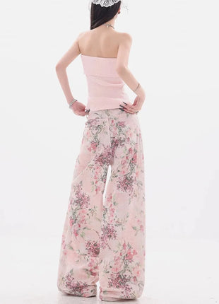 Nuovi jeans ricamati rosa stile cinese da donna Pantaloni estivi casual a gamba larga lunghi fino al pavimento con design stampato