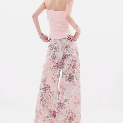 Nuovi jeans ricamati rosa stile cinese da donna Pantaloni estivi casual a gamba larga lunghi fino al pavimento con design stampato