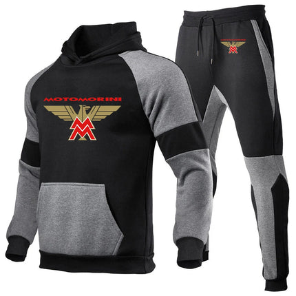 2024 Spring Autumn Men's Moto Morini Logo Print Sports Splicing Cotton Hooded Tracksuit+Jogging Sweatpants Trend Comfortable Set PlatiNum