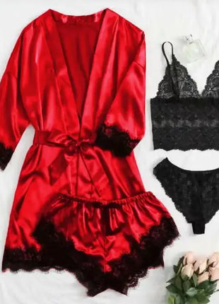 Pigiama da donna lussuoso con scollo a V in 4 pezzi camicia da notte sexy pizzo in raso halter accappatoio in raso di seta camicia da notte per la casa pigiama sexy per la casa platinumshop
