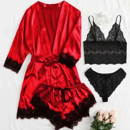Pigiama da donna lussuoso con scollo a V in 4 pezzi camicia da notte sexy pizzo in raso halter accappatoio in raso di seta camicia da notte per la casa pigiama sexy per la casa platinumshop