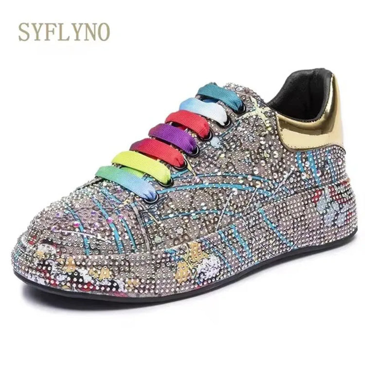 SyfIyno Spring Black Women Shoes New Style Fashion Platform Shoes Platforms Sneakers Shine Bling Graffiti Rhinestone Shoes