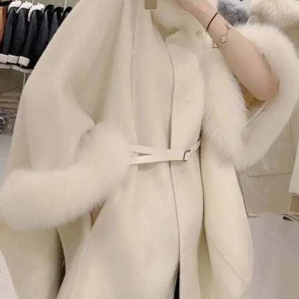 UCXQ Korean Style Two Sided Cloak Overcoat For Women Fur Collars Belt Loose Long Coats 2025 Winter New 23Z2284
