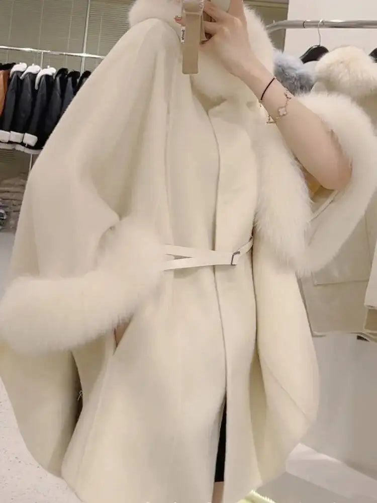 UCXQ Korean Style Two Sided Cloak Overcoat For Women Fur Collars Belt Loose Long Coats 2025 Winter New 23Z2284