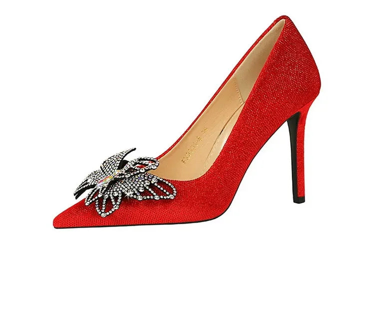 NUOVE Décolleté da donna con strass Tacchi alti a farfalla 10 CM Tacchi a spillo da donna in pelle scamosciata Scarpe da banchetto di lusso Scarpe da sposa di moda