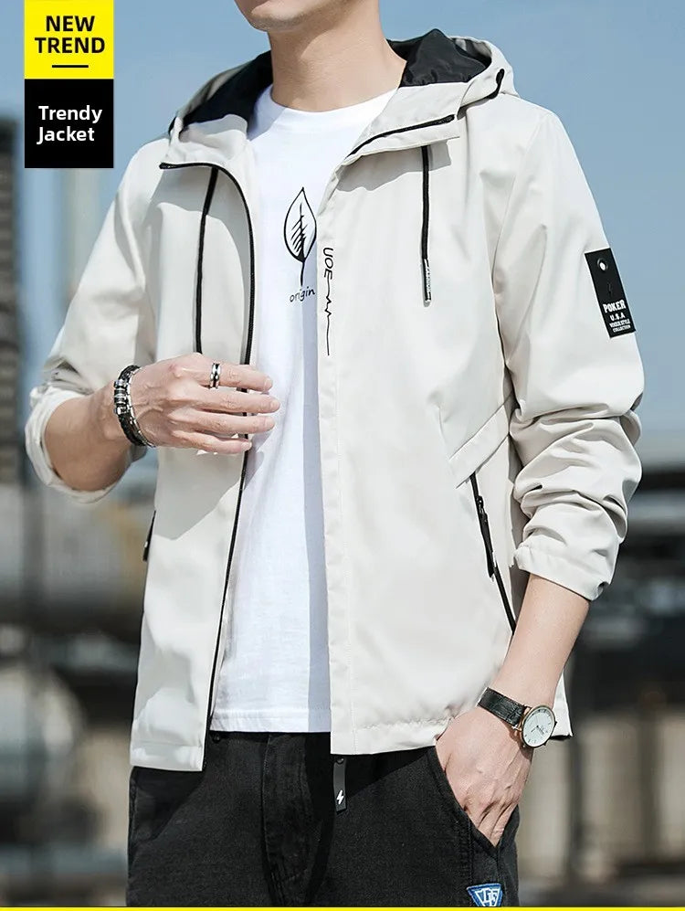 Casual Hooded Men's Jacket Youth Outerwear Spring Autumn New Style Korean Version Anti-Wrinkle Wear-Resistant Windproof Polye...