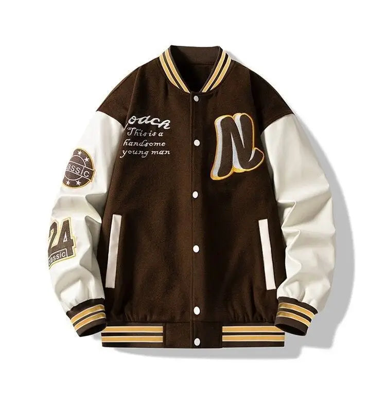 Men's Embroidered Jacket Baseball Jacket American Retro Couple Jacket Brown School Uniform Jacket Autumn Jacket Fashionable