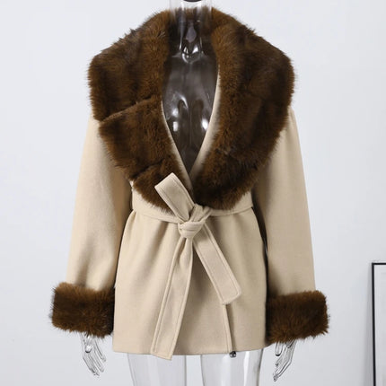 Shawl Faux Fur Women Coat Full Sleeve Woolen Lady Jacket 2025 Fashion Autumn Winter Lace Up Belted Waist Female Loose Outwears