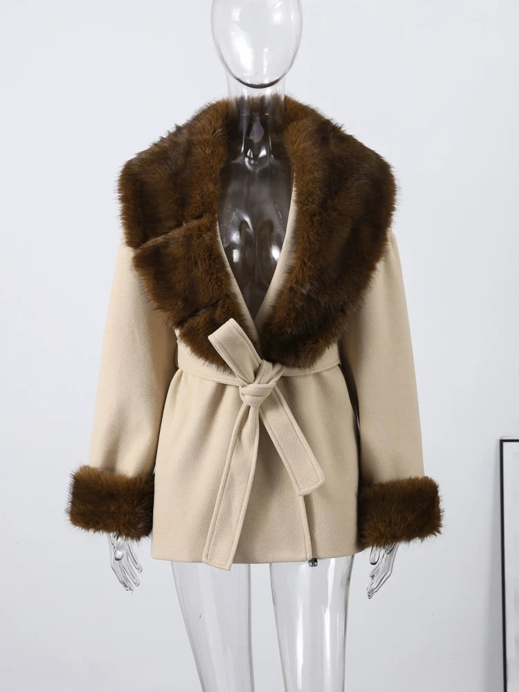 Shawl Faux Fur Women Coat Full Sleeve Woolen Lady Jacket 2025 Fashion Autumn Winter Lace Up Belted Waist Female Loose Outwears