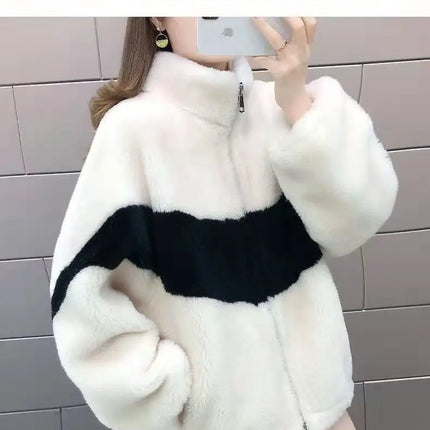 Warm Stand collar Faux fur Winter Jacket Female 2024 New Korean Loose Thick Lamb wool Coat Short Stitching Womens Parkas Outwear