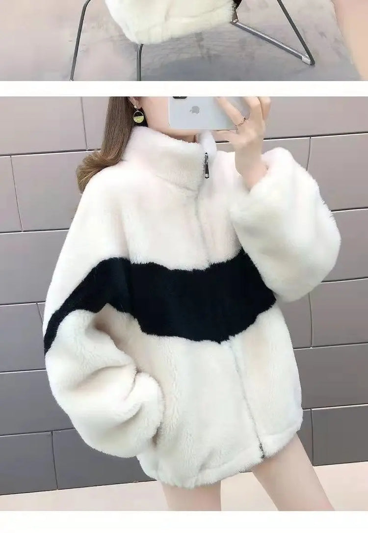 Warm Stand collar Faux fur Winter Jacket Female 2024 New Korean Loose Thick Lamb wool Coat Short Stitching Womens Parkas Outwear