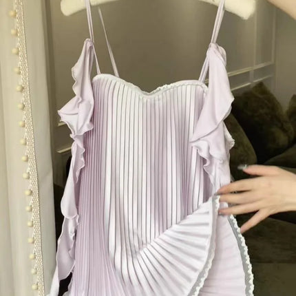 Women's Sexy Soft Chiffon Silk Nightgown with Straps and Pleats, Off-Shoulder Lingerie with Puff Sleeves and Ruched Details, 2026 Collection