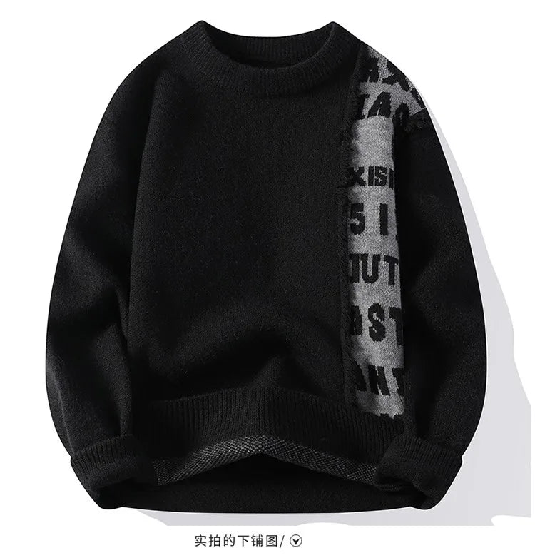 2024 Patchwork Knitted Sweater Trend High Street Autumn Winter Warm Men's Tops Hip-hop Street Clothing Fishing Sports Pullover