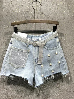 Pantaloncini di jeans bianchi blu irregolari strappati con nappe con strass a vita alta da donna estivi Pantaloncini di jeans coreani da donna
