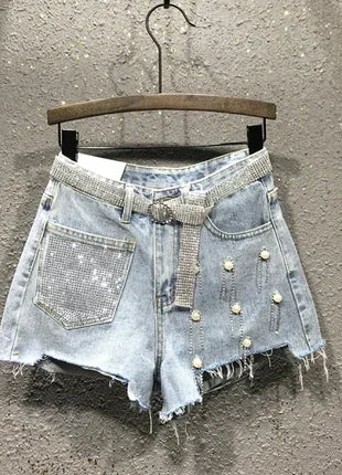 Pantaloncini di jeans bianchi blu irregolari strappati con nappe con strass a vita alta da donna estivi Pantaloncini di jeans coreani da donna