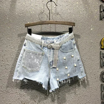 Women's Summer High Waist Rhinestone Tassel Ripped Irregular Blue White Denim Shorts Korean Denim Shorts for Women