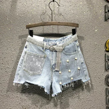 Pantaloncini di jeans bianchi blu irregolari strappati con nappe con strass a vita alta da donna estivi Pantaloncini di jeans coreani da donna