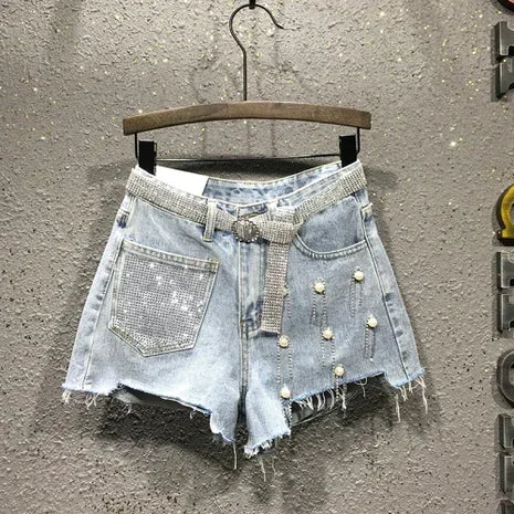 Pantaloncini di jeans bianchi blu irregolari strappati con nappe con strass a vita alta da donna estivi Pantaloncini di jeans coreani da donna