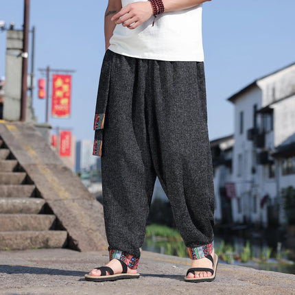 Pantaloni da uomo di alta qualità, casual, traspiranti, comodi, con elastico in vita, stile giapponese, vintage, alla moda, larghi, modello harem.
