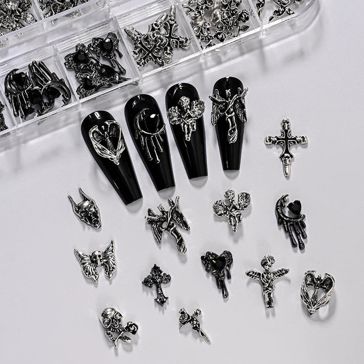 12Grid 3D Halloween Punk Retro Alloy Cross Nail Charms Y2k Gothic Metal Gun Black Silver Skull,Cross Nail Art DIY Cool Nail Part