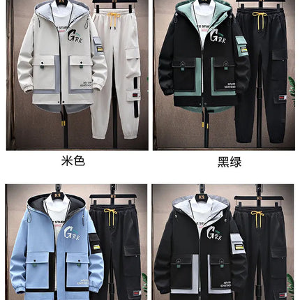 Casual Two-Piece Men's Sets 2026 Spring Autumn Loose Coats & Pant Tracksuits Outdoor Windproof Hooded Jacket And Jogger Clothing