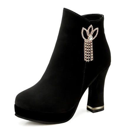 Fashionable Women's Red Wedding Shoes Autumn/winter Fleece-lined Thick Heel Short Boots Cotton Round Head Warm High Heels
