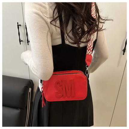 Chic SM Letter Camera Bags, Stylish Women’s Crossbody Small Square Purses with Wide Patterned Straps, Perfect for Daily Casual PlatiNum