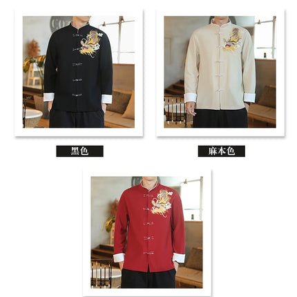 Camicie da Uomo a Maniche Lunghe in Stile Cinese, Ricamate, per Kung Fu e Tai Chi, Cardigan Retrò in Lino, Abito Tradizionale Tang, Top Tradizionale da Uomo