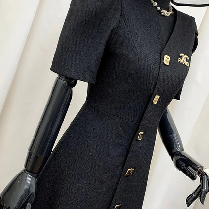 Women's Lautaro Spring-Summer Black Slim Elegant Dresses, V-Neck with Puff Short Sleeves and Buttons, Chic Luxury Designer Clothing