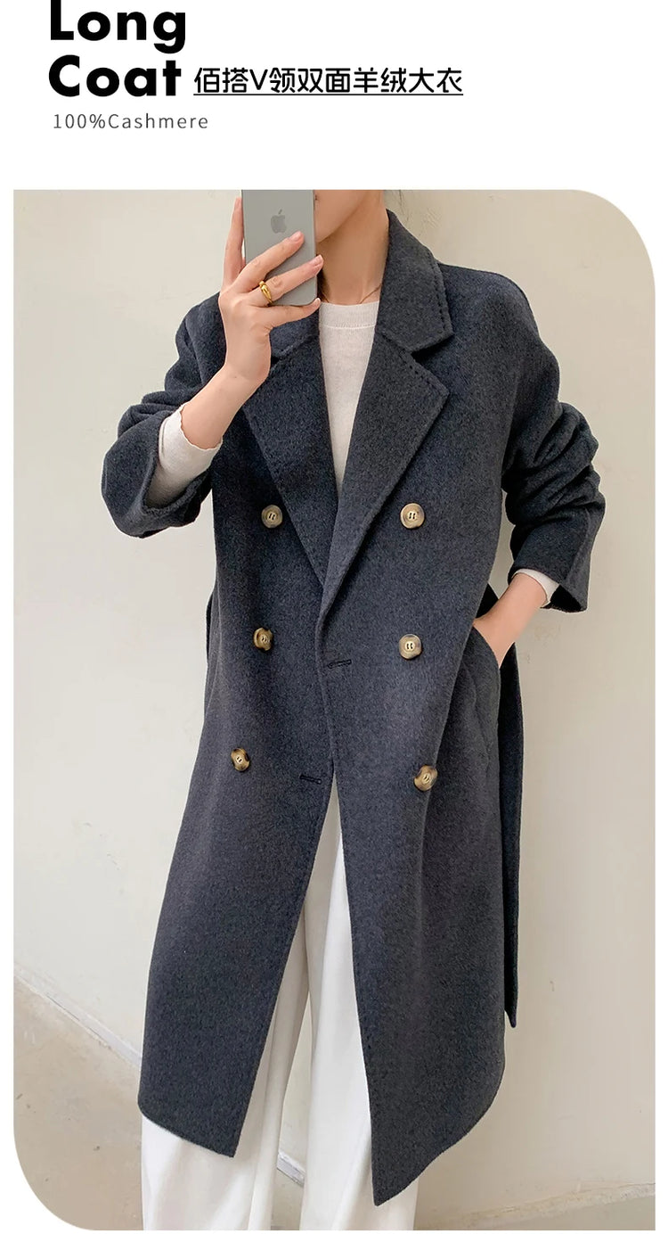 Ladies' 100% Cashmere Thick Double-Sided Extended Coat, Classic, Versatile and Fashionable for Business and Leisure