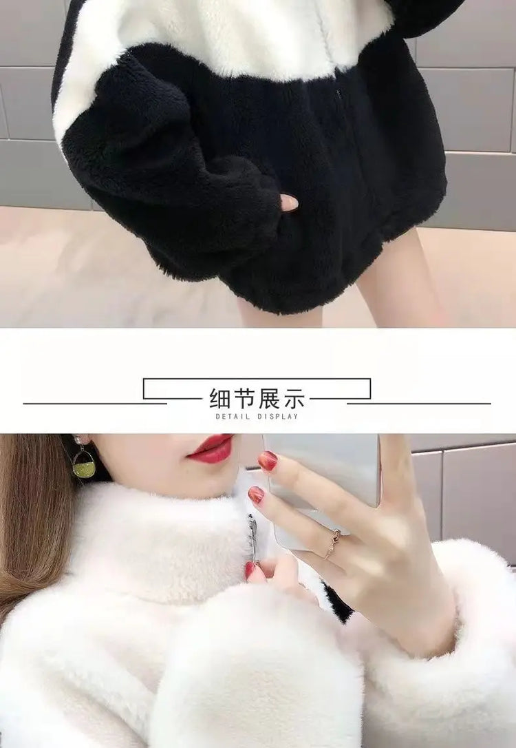 Warm Stand collar Faux fur Winter Jacket Female 2024 New Korean Loose Thick Lamb wool Coat Short Stitching Womens Parkas Outwear