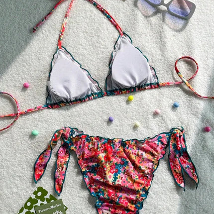 Nuovo Set Bikini Donna Estivo con Stampa Floreale Arancione, Halter con Volant, Push-Up e Perizoma con Laccetti Laterali PlatiNum
