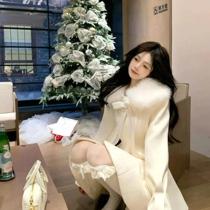 Christmas Lolita Kawaii Long Sleeve Long Blend Women Casual Pure Color Coat Sweet Anime Button Patchwork Bows 2025 Autumn