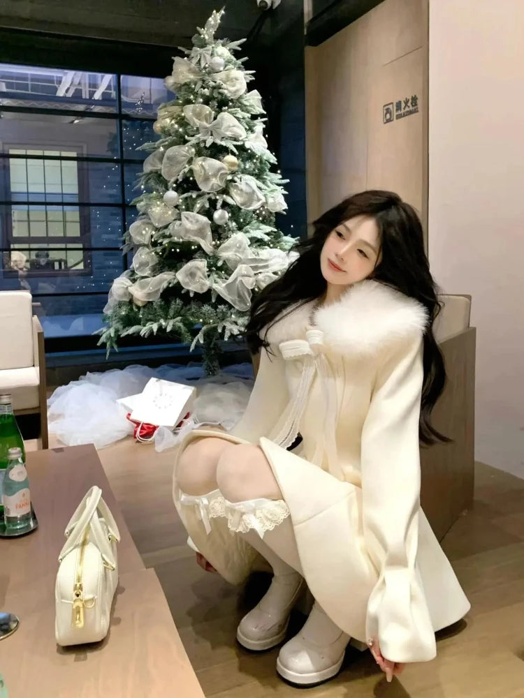 Christmas Lolita Kawaii Long Sleeve Long Blend Women Casual Pure Color Coat Sweet Anime Button Patchwork Bows 2025 Autumn