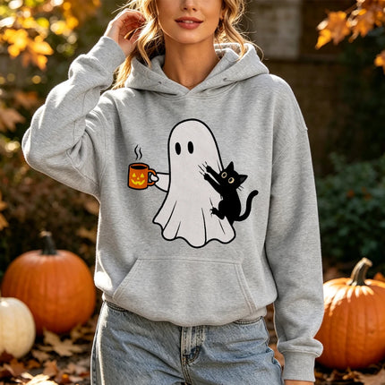 Ghost Black Cat Coffee Print Halloween Hoodie Spooky Season Graphic Pullover Women Fall Holiday Daily Wear Top Hoodies Women