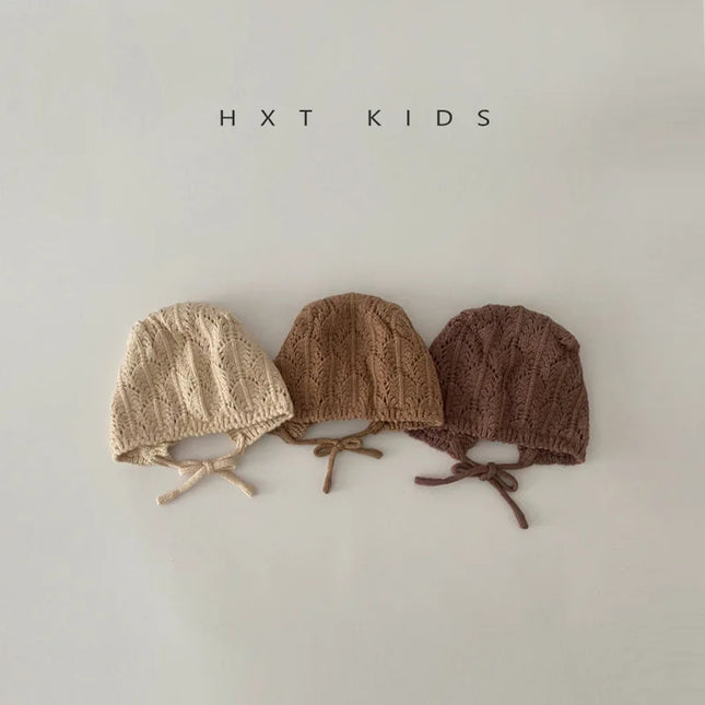 Retro Fashion Hollow Out Children's Handmade Knitted Hats Crochet Flower Girls Parent-Child Outdoor Cotton Hat 2024 Autumn Winter Beanies