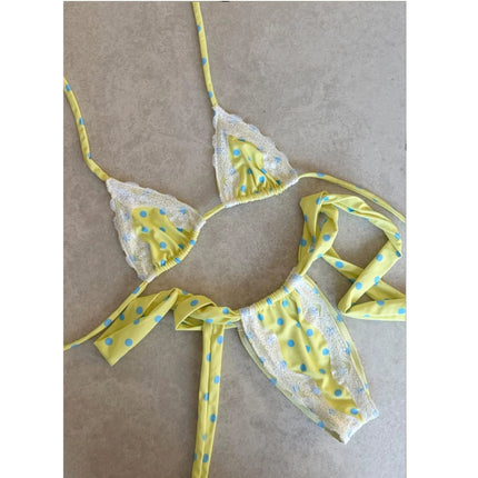 Nuovo Sexy Bikini Brasiliano con Inserti in Pizzo, Costume da Bagno Femminile con Stampa e Allacciatura al Collo, Biquini platinumshop