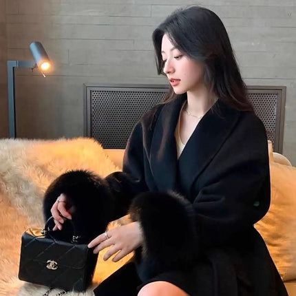 Elegant Lace Up Woolen Short Coat Solid Loose Lapel Furry Long Sleeve Belt Waist Jacket 2026 Spring Autumn Lady Chic Cardigan