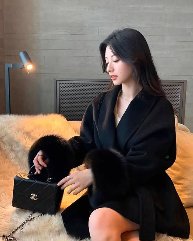 Elegant Lace Up Woolen Short Coat Solid Loose Lapel Furry Long Sleeve Belt Waist Jacket 2026 Spring Autumn Lady Chic Cardigan